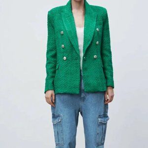 Green Zara textured tweed blazer